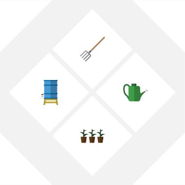 Düz simgesi çiftlik kümesi kapsayıcı, saman çatal, Bauer ve diğer vektör nesneleri. Ayrıca saksı, çatal, araç öğeleri içerir.