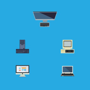 Düz simgesi dizüstü ekran, bilgisayar, işlemci ve diğer vektör nesneleri ayarlayın. Ayrıca defter, içerir kişisel, Retro öğeler.