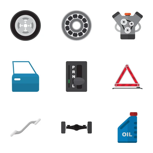 Icono plano taller conjunto de acoplador, motor, pieza de automóvil y otros objetos vectoriales. También incluye aceite, suspensión, elementos de neumáticos . — Archivo Imágenes Vectoriales