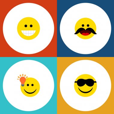 Düz simgesi ifade kümesi gülüşü, mutlu, neşeli ve diğer vektör nesneleri. Gülümseme, mutlu, Emoji öğeleri de içerir.