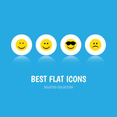 Düz simgesi hareket kümesini mutlu, neşe, gülümseme ve diğer vektör nesneleri. Ayrıca Emoji, yüz, güneş gözlüğü öğeleri içerir.