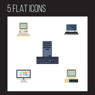 Düz simgesi dizüstü bilgisayar, ekran, işlemci ve diğer vektör nesneleri ayarlayın. Bilgisayar, monitör, ekran öğeleri de içerir.