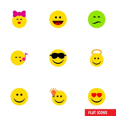 Düz simgesi yüz dizi aşk, kahkaha, okşa ve diğer vektör nesneleri. Ayrıca öpücük, kalp, güneş gözlüğü unsurları içerir.