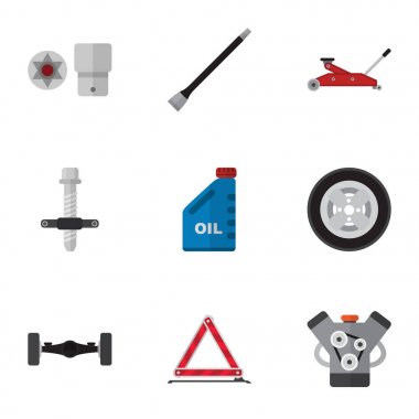 Düz simge atölye seti, kaldırma motoru, süspansiyon ve diğer vektör nesnelerine. Ayrıca acil durum, blok, otomobil öğeleri içerir.
