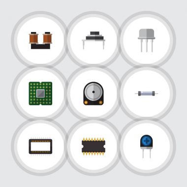 Düz simge teknoloji kümesi bobin bakır, Hdd, direnç ve diğer vektör nesneleri. Ayrıca elektronik, sert, birim öğeleri içerir.