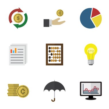 Düz simgesi Finans grafik, şemsiye, sayaç ve diğer vektör nesnelerini ayarlayın. Ayrıca takas, para, Parlatıcı öğeyi içerir.