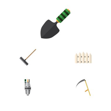 Pompa, ahşap bariyer, kesici ve diğer vektör nesnelerini düz simge çiftlik seti. Ayrıca tırpan, mala, bariyer öğeleri içerir.