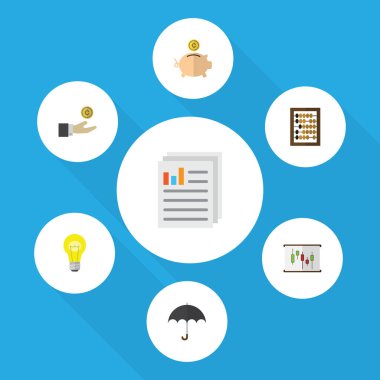 Düz simgesi Finans şemsiye, sikke, diyagram vektör nesnelerini el ile ayarlayın. Ayrıca kutusu, Beach, belge öğeleri içerir.