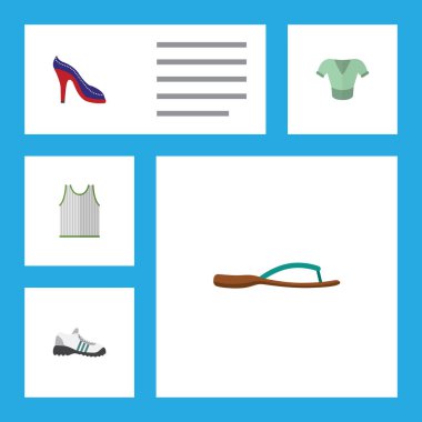 Düz simgesi elbise Singlet, topuklu ayakkabı, rahat ve diğer vektör nesneleri kümesi. Ayrıca içerir topuklu, Flip, spor ayakkabı öğeleri.
