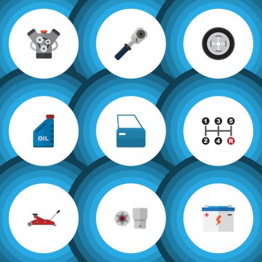 Düz simgesi atölye kaldırma, akümülatör, otomobil parçası ve diğer vektör nesneleri kümesi. Ratchet, Araba, bölüm öğeleri de içerir.