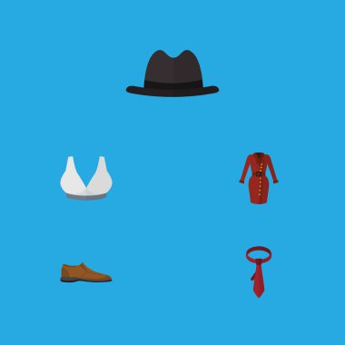 Düz simgesi elbise kümesi erkek Footware, kravat, Brasserie ve diğer vektör nesneleri. Ayrıca elbise, kravat, Panama öğeleri içerir.