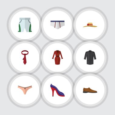 Düz simge kıyafet seti Cravat, topuklu ayakkabı, çamaşır grupları ve diğer vektör nesneleri. Ayrıca şort, Giysi, şapka öğeleri içerir.