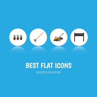 Çim biçme makinesi, aracı, saksı ve diğer vektör nesnelerini düz simge çiftlik seti. Ayrıca çapa, Barbekü, Bahçe öğeler içerir.