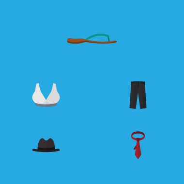 Düz simgesi giysi plaj sandalet, Panama, Brasserie vektör nesneleri kümesi. Ayrıca spor, şapka, fiske vurmak unsurları içerir.