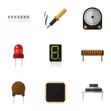 Düz simge teknoloji bellek, Hdd, Cpu ve diğer vektör nesnelerini ayarlayın. Ayrıca içerir hesaplamak, triyot, bobin öğeleri.