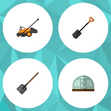Düz kutsal kişilerin resmi Bahçe çim biçme makinesi, kürek, sera ve diğer vektör nesneleri kümesi. Ayrıca Spade, çiftlik, araç öğeleri içerir.