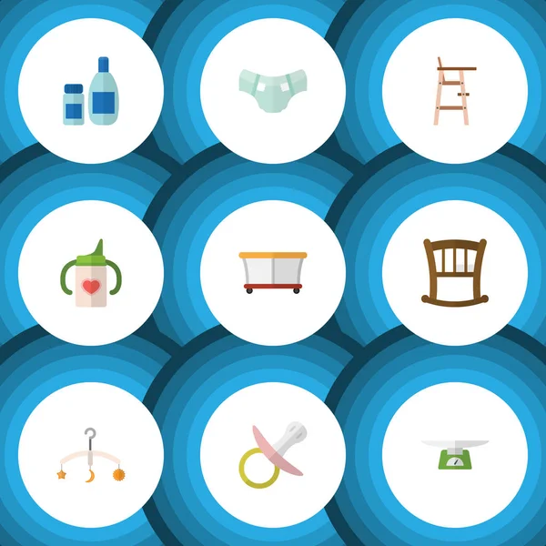 Düz simge çocuk krem losyon, meme, alt ölçekler ve diğer vektör nesneleri ile ayarlayın. Ayrıca çocuk içerir, Bebek bezi, karyolası öğeleri.