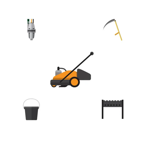 Conjunto de fazenda de ícones planos de balde, bomba, cortador de grama e outros objetos vetoriais. Também inclui ferramenta, balde, elementos de cortador . — Vetor de Stock