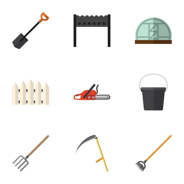 Icono plano granja conjunto de tenedor de heno, barrera de madera, herramienta y otros objetos vectoriales. También incluye brasero, cubo, elementos del envase . — Vector de stock