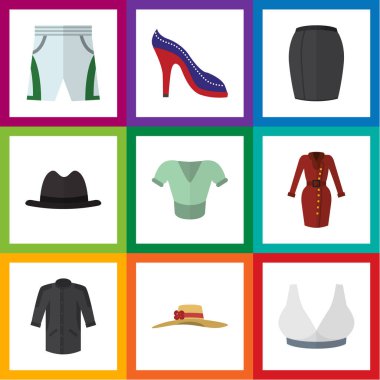 Üniforma, Brasserie, rahat ve diğer vektör nesnelerini düz simge giysi seti. Ayrıca şapka, şort, etek unsurları içerir.