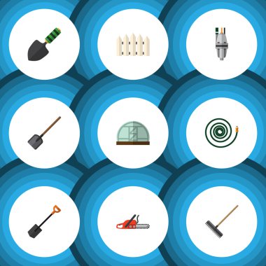 Düz simgesi kulübemde kümesi kürek, Hosepipe, pompa ve diğer vektör nesneleri. Ayrıca demir testeresi, içerir Bahçe, pompa elemanları.