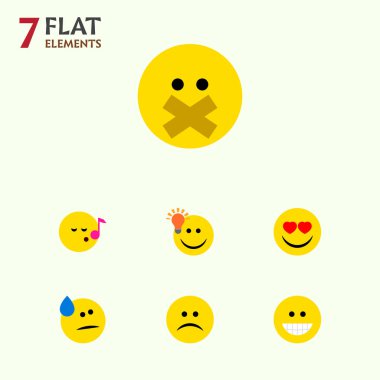 Düz simgesi Emoji kümesi Hush, gözyaşları, sırıtış ve diğer vektör nesneleri. Ayrıca kalp, sessiz, şarkı öğeleri içerir.