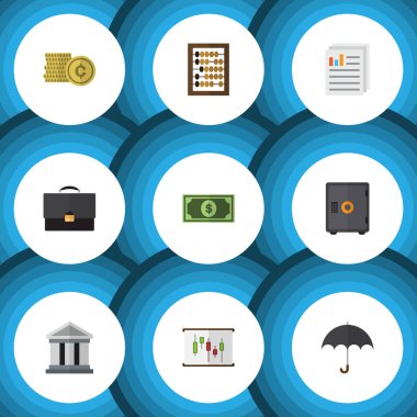 Kasa, belge, diyagram ve diğer vektör nesnelerini düz simge kazanç seti. Ayrıca Abacus, hesap makinesi, dolar öğeleri içerir.