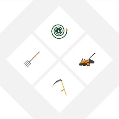 Düz kutsal kişilerin resmi Bahçe Hosepipe, saman çatal, kesici ve diğer vektör nesneleri kümesi. Ayrıca kesici, araç, biçme makinesi öğeleri içerir.