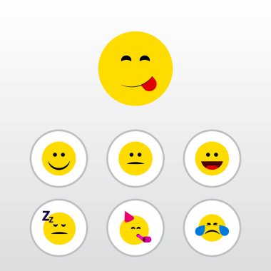 Düz simgesi ifade lezzetli yemek, memnun, sevinç ve diğer vektör nesneleri kümesi. Ayrıca, gülmek, tadını çıkarıyorlar öğeleri sırıtma içerir.