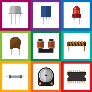 Düz simge elektronik Hdd, triyot, bobin ve diğer vektör nesneleri kümesi. Ayrıca işlemci, içerir Merkez, karşı koymak öğeleri.