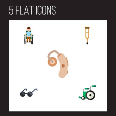 Düz simgesini devre dışı engelli kişi, ekipman, Odyoloji ve diğer vektör nesnelerini ayarlayın. Ayrıca adam, Stand, tekerlekli sandalye unsurları içerir.