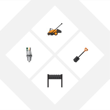 Düz kutsal kişilerin resmi Bahçe çim biçme makinesi, Barbekü, Spade ve diğer vektör nesneleri kümesi. Cutter, kürek, araç öğeleri de içerir.