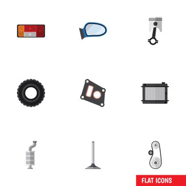 Susturucu, Cambelt, far ve diğer vektör nesnelerini düz simgesi bileşen seti. Susturucu, ayna, Segment öğeleri de içerir.