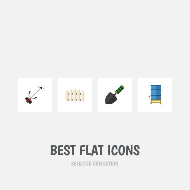 Düz kutsal kişilerin resmi Bahçe mala, çim kesici, ahşap bariyer ve diğer vektör nesnelerini ayarlayın. Aynı zamanda çim, çit, kesici öğeleri içerir.