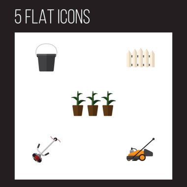 Kova, ahşap bariyer, çim biçme makinesi ve diğer vektör nesnelerini düz simge çiftlik seti. Ayrıca kova, biçme, kesici öğeleri içerir.