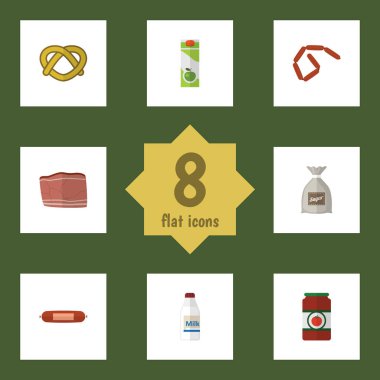 Çuval, paket içecek, sığır eti ve diğer vektör nesnelerini düz simge yemek seti. Ayrıca Kahvaltı, içerir bisküvi, şişe öğeleri.