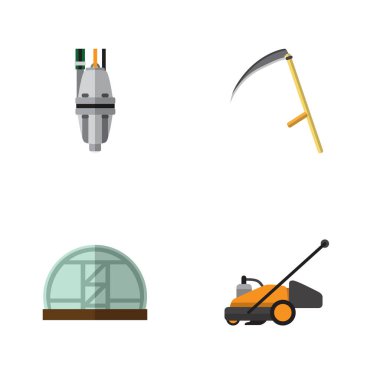 Düz simgesi kulübemde kümesi kesici, çim biçme makinesi, pompa ve diğer vektör nesneleri. Pompa, tırpan, araç öğeleri de içerir.
