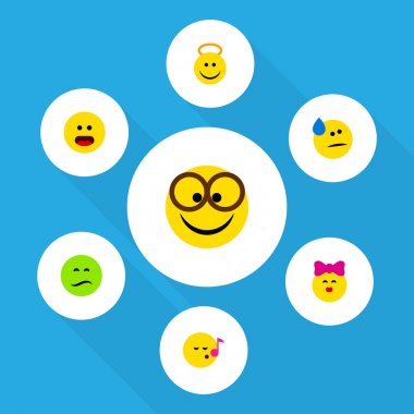 Kaşlarını düz simgesi Emoji kümesi, Angel, Descant ve diğer vektör nesneleri. Ayrıca merak ediyorum, öpücük, hoş unsurları içerir.