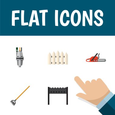 Düz simgesi kulübemde kümesi demir testeresi, Barbekü, pompa ve diğer vektör nesneleri. Testere, bahçıvanlık, çapa öğeleri de içerir.