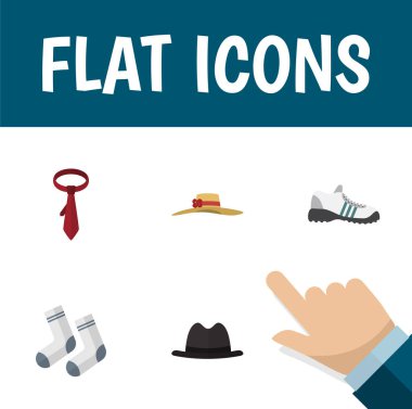 Düz simge kıyafetleri şık şapkalar, spor ayakkabılar, ayak Tekstil ve diğer vektör nesneleri ayarlayın. Ayrıca ayak, şapka, dokuma detayları içerir.