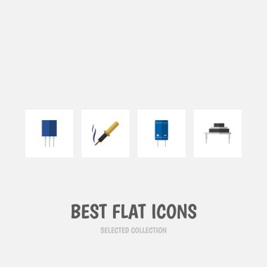 Düz simge elektronik hedef, transistör, priz ve diğer vektör nesneleri kümesi. Ayrıca lehimleme, hedef, bakır öğeleri içerir.