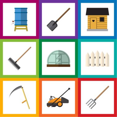 Düz kutsal kişilerin resmi Bahçe saman çatal, çim biçme makinesi, konteyner ve diğer vektör nesneleri kümesi. Ayrıca komisyon, Yaba, sera öğeler içerir.