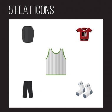 Düz simge kıyafetleri Singlet, T-Shirt, ayak Tekstil ve diğer vektör nesnelerini ayarlayın. Ayrıca giyim, bluz, tek biçimli öğeler içerir.