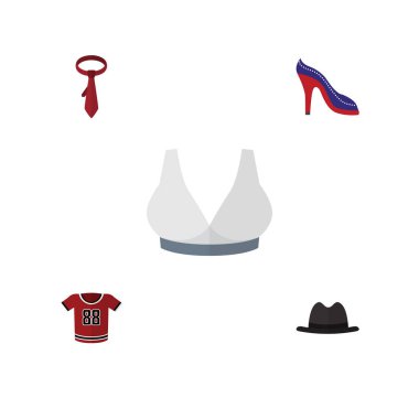 Düz simgesi giysi kümesi Cravat, Panama, T-Shirt ve diğer vektör nesneleri. Ayrıca bluz, sütyen, Sandal öğeleri içerir.