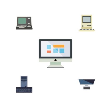 Düz simgesi dizüstü teknoloji, işlemci, Pc ve diğer vektör nesneleri kümesi. Ayrıca işlemci, bilgisayar klavye öğeleri içerir.