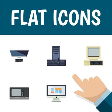 Bir Pc, Vintage donanım, görüntüleme ve diğer vektör nesnelerini düz simgesi dizüstü kümesi. Ayrıca kişisel, ekran, işlemci unsurları içerir.