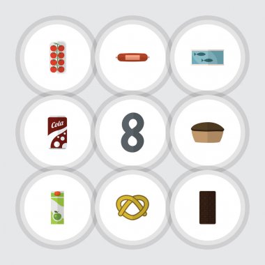 Flat Icon Eating Set Of Tart, Packet Beverage, Tin Tuna And Other Vector Objects. Also Includes Fizzy, Biscuit, Kielbasa Elements. clipart