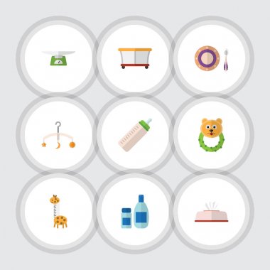 Düz simge çocuk krem losyon, Rattle, mobil ve diğer vektör nesneleri kümesi. Ayrıca krem, mobil, puf öğeleri içerir.