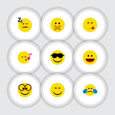 Düz simgesi yüz kümesi soğuk ter, gülümseme, Descant ve diğer vektör nesneleri. Ayrıca gözlük, gülmek, sevinç unsurları içerir.