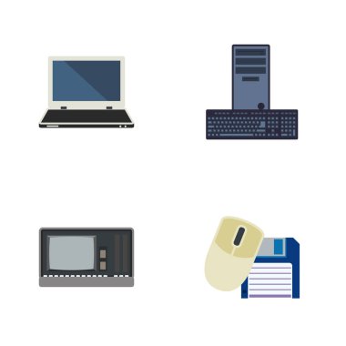 Düz simge bilgisayar kümesi dizüstü bilgisayar, işlemci, Vintage donanım ve diğer vektör nesneleri. Ayrıca fare, Vintage, disket öğeleri içerir.